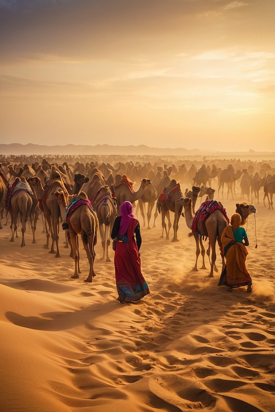 Default_hundreds_of_camels_and_women_enjoying_in_the_sand_in_t_1