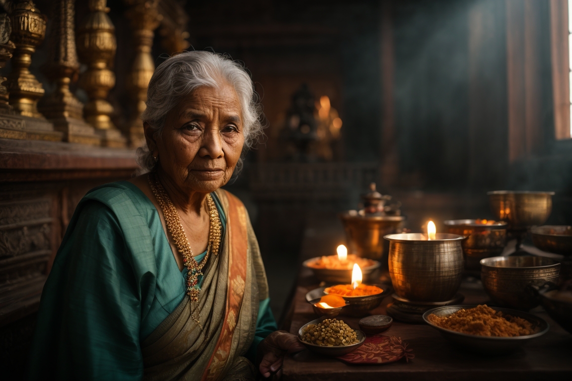 PhotoReal_this_old_woman_and_the_altar_of_vishnu_0